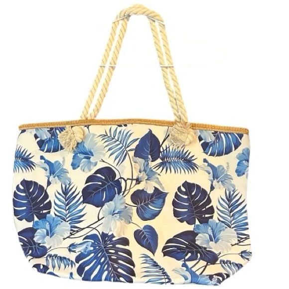 Beach Tote Bag x blue and white tropical print beach tote bag with rope handles - Picture 3 of 6